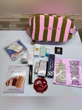 Luxury Beauty Bundle + Striped Cosmetic Bag - Lancôme, Guerlain, Clarins